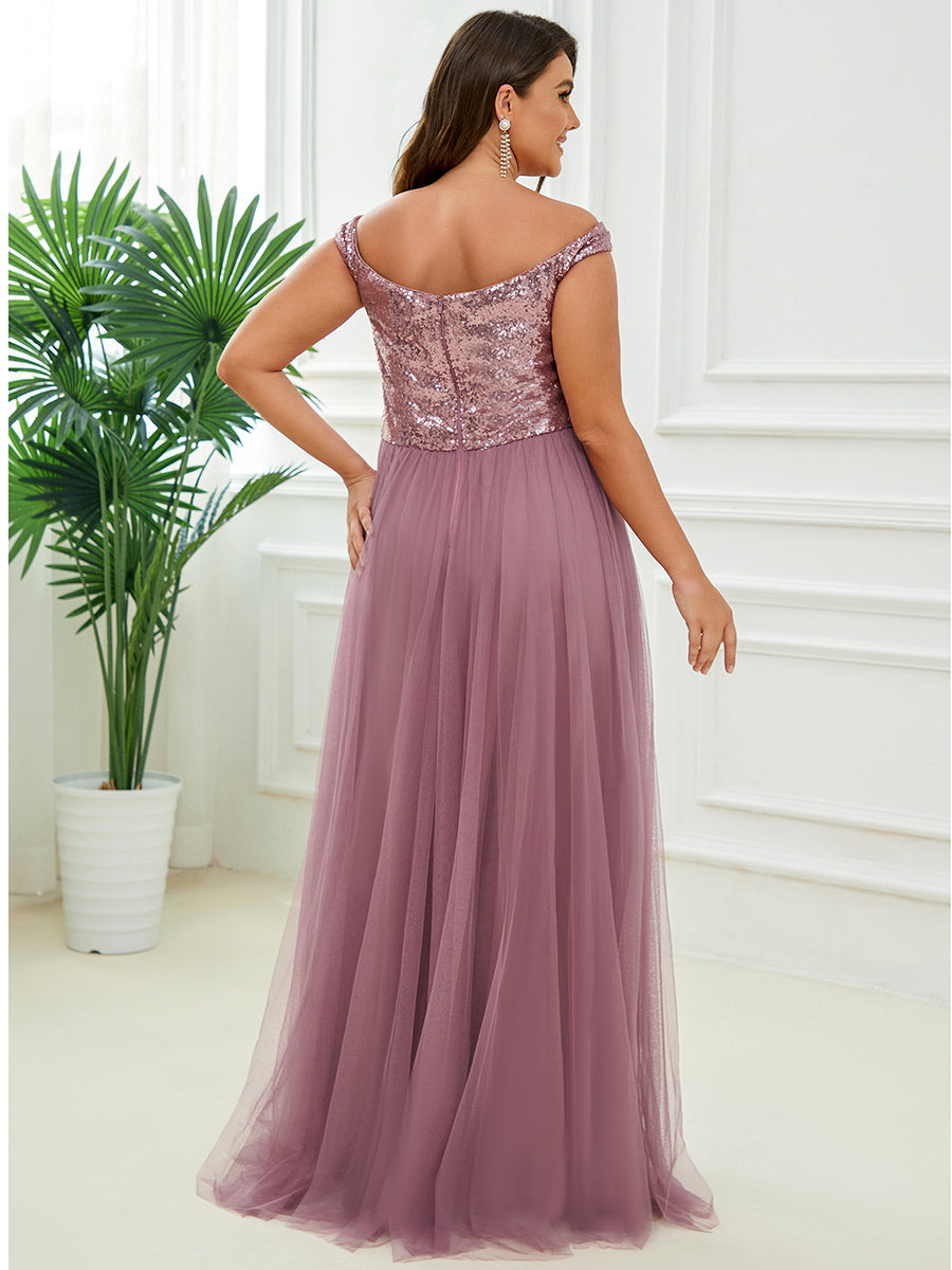 Plus Size Wholesale High Waist Tulle & Sequin Sleeveless Evening Dress EE00277