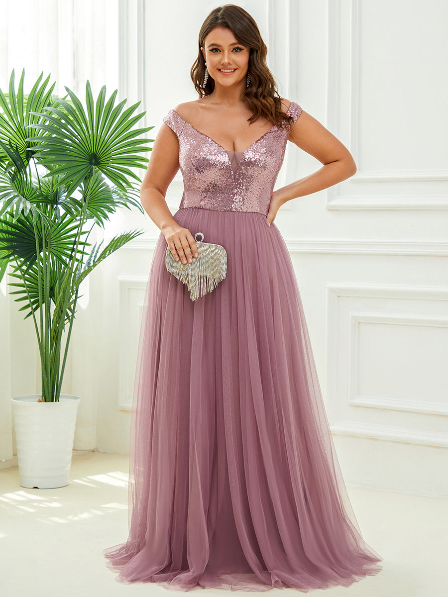 Plus Size Wholesale High Waist Tulle & Sequin Sleeveless Evening Dress EE00277