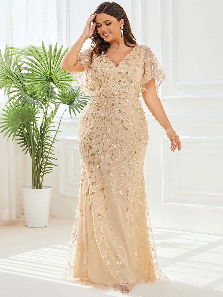 Gorgeous V Neck Leaf-Sequined Fishtail Wholesale Evening Dress