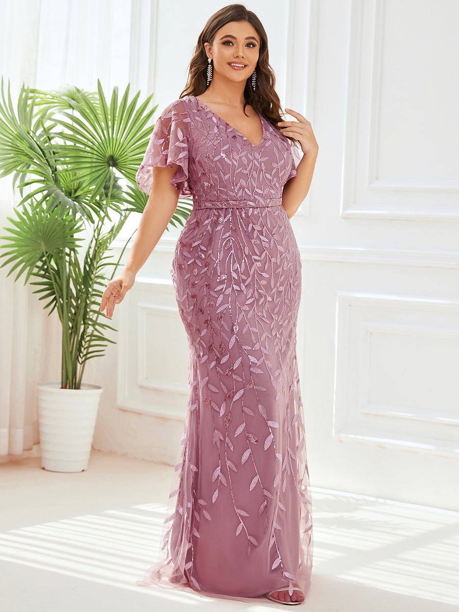 Gorgeous V Neck Leaf-Sequined Fishtail Wholesale Evening Dress