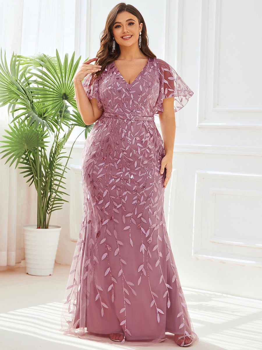 Gorgeous V Neck Leaf-Sequined Fishtail Wholesale Evening Dress