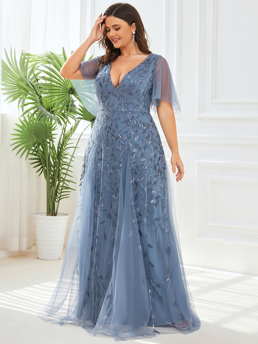 Plus Size Deep V Neck Wholesale Sequin Evening Gown With Short Sleeves