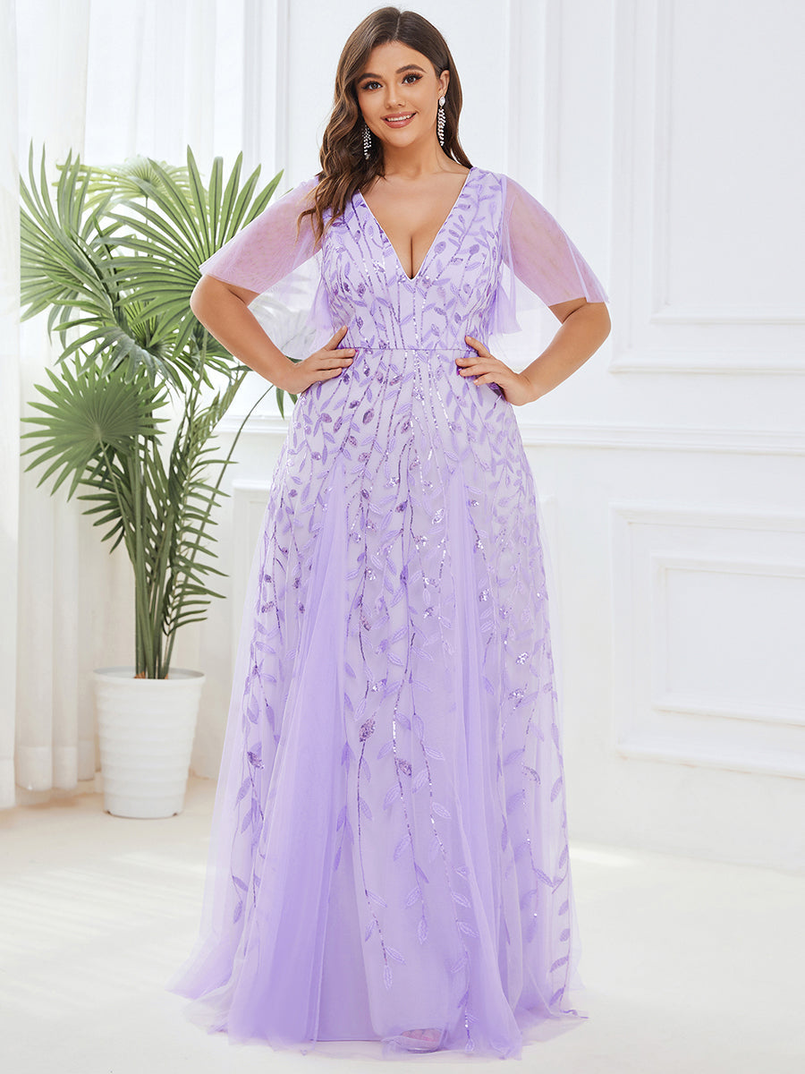 Plus Size Deep V Neck Wholesale Sequin Evening Gown With Short Sleeves