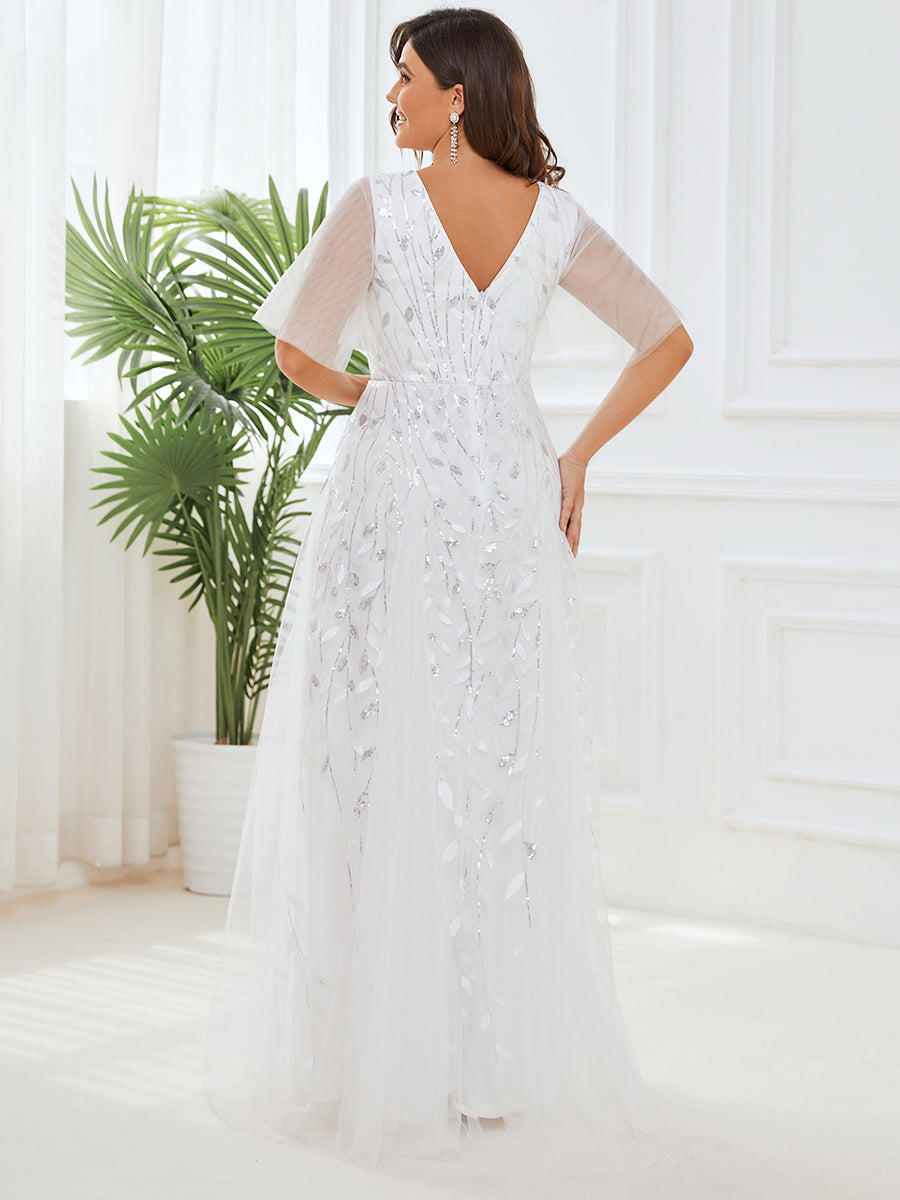 Plus Size Deep V Neck Wholesale Sequin Evening Gown With Short Sleeves
