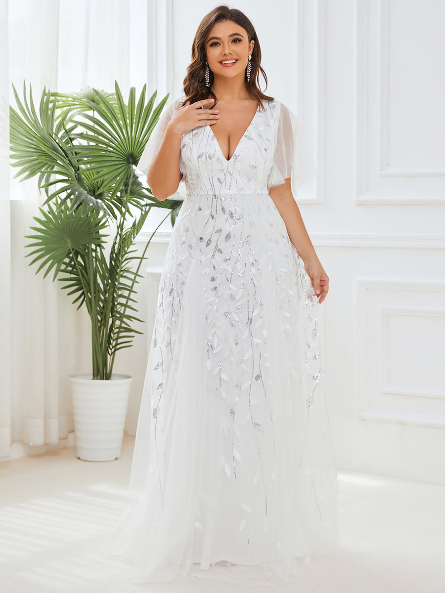 Plus Size Deep V Neck Wholesale Sequin Evening Gown With Short Sleeves