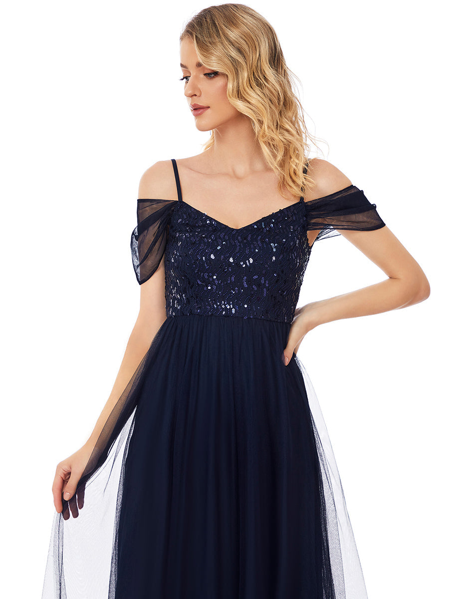 A-Line Sweetheart Neckline Ruffle Sleeve Tulle Wholesale Bridesmaid Dress