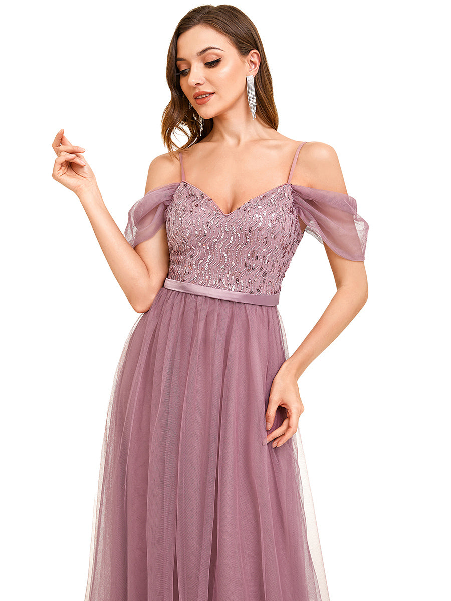 A-Line Sweetheart Neckline Ruffle Sleeve Tulle Wholesale Bridesmaid Dress