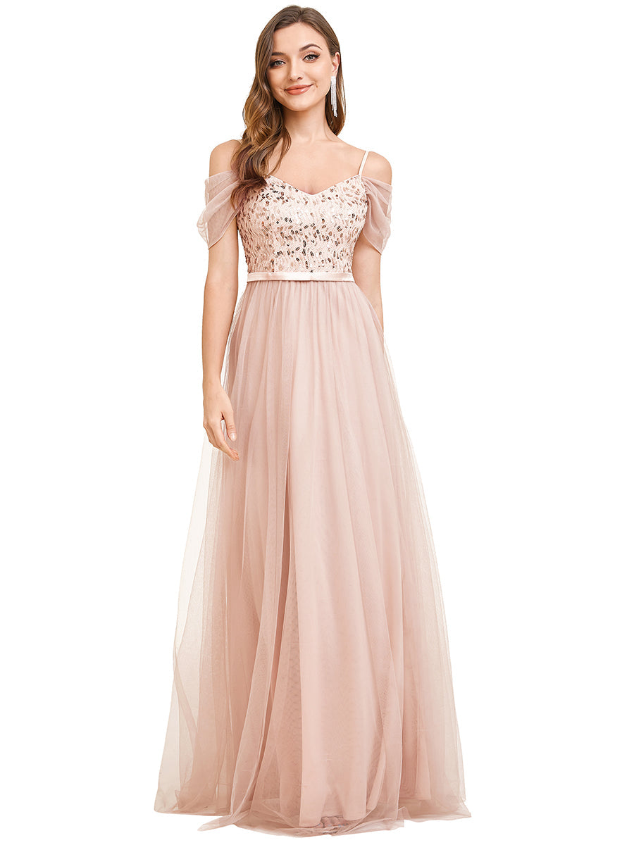 A-Line Sweetheart Neckline Ruffle Sleeve Tulle Wholesale Bridesmaid Dress