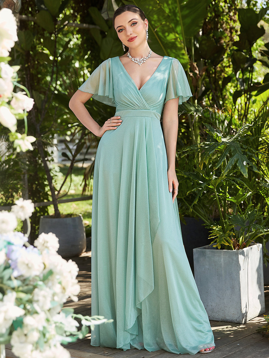 Color=Mint Green | Wholesale Bridesmaid Dresses with V Neck and Short Ruffles Sleeves-Mint Green 1