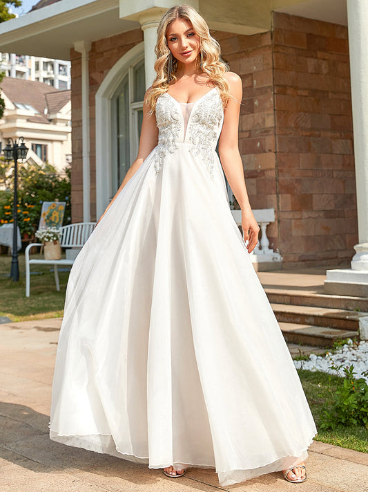 Color=Ivory | Sassy Sleeveless Deep V Neck Wholesale Wedding Dresses with Applique-Ivory 1