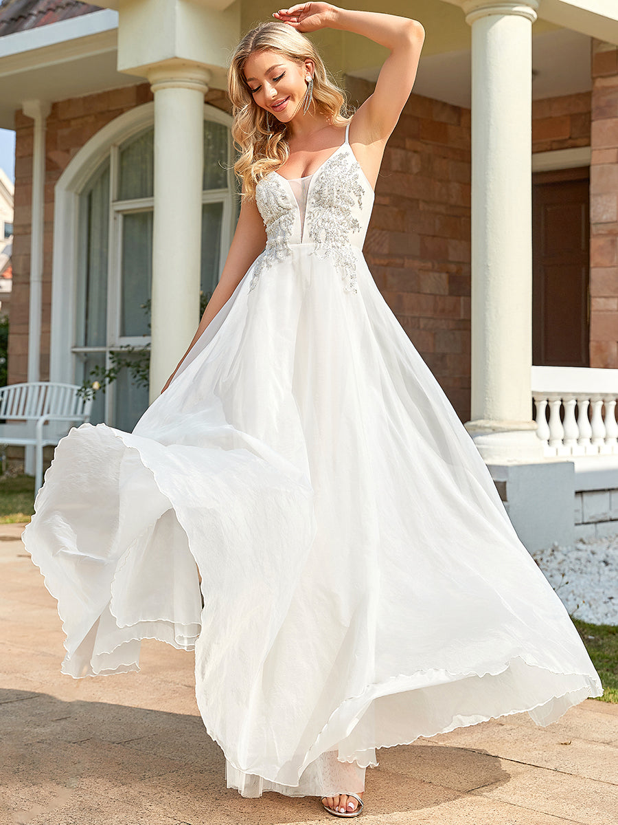 Sassy Sleeveless Deep V Neck Wholesale Wedding Dresses with Applique