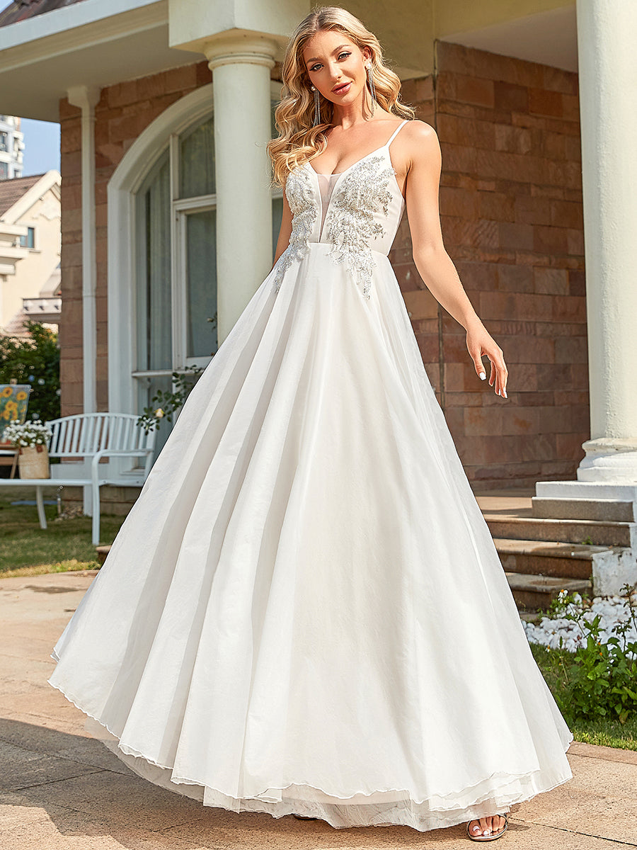 Sassy Sleeveless Deep V Neck Wholesale Wedding Dresses with Applique