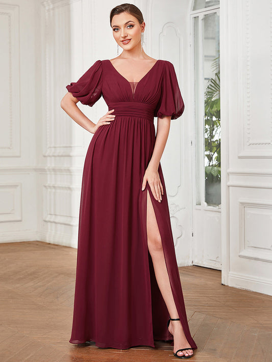 Color=Burgundy | Deep V Neck A Line Half Puff Sleeves Wholesale Bridesmaid Dresses-Burgundy 1