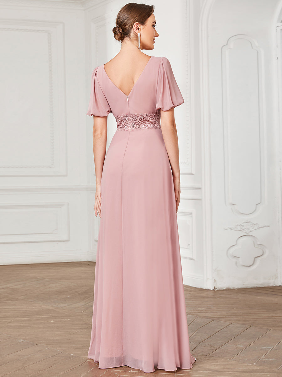 V Neck A Line Wholesale Bridesmaid Dresses with Short Ruffles Sleeves