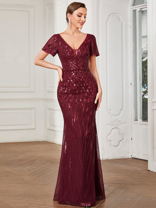 Color=Burgundy | Shiny Deep V Neck Short Sleeves Fishtail Wholesale Evening Dresses-Burgundy 1