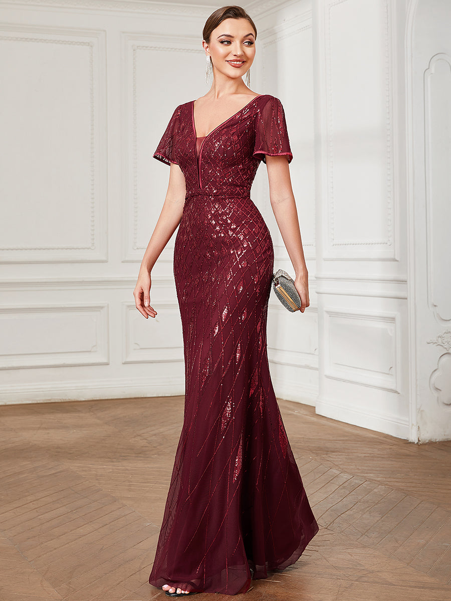 Shiny Deep V Neck Short Sleeves Fishtail Wholesale Evening Dresses
