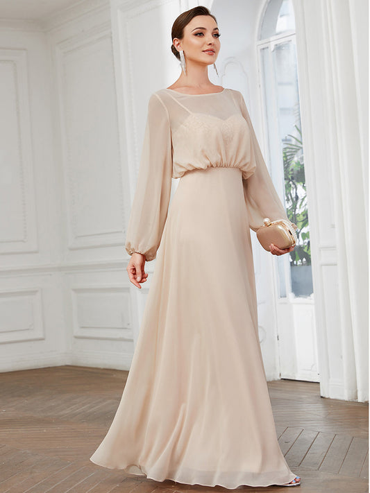 Color=Blush | Round Neck A Line Wholesale Evening Dresses with Long Lantern Sleeves-Blush 1