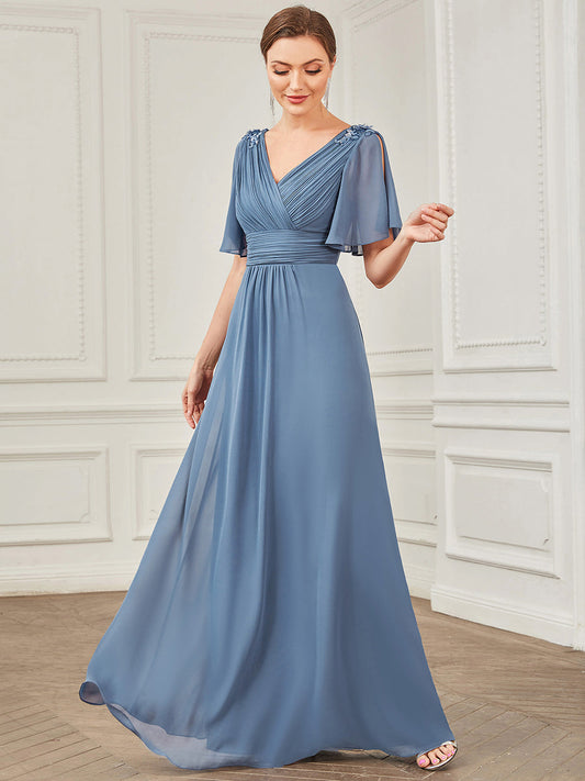 Color=Dusty Navy | Short Ruffles Sleeves Deep V Neck A Line Wholesale Evening Dresses-Dusty Navy 1