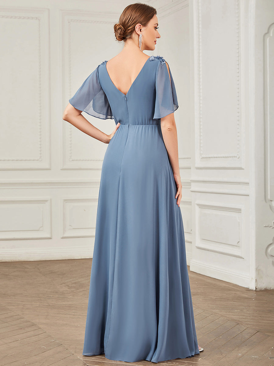 Short Ruffles Sleeves Deep V Neck A Line Wholesale Evening Dresses
