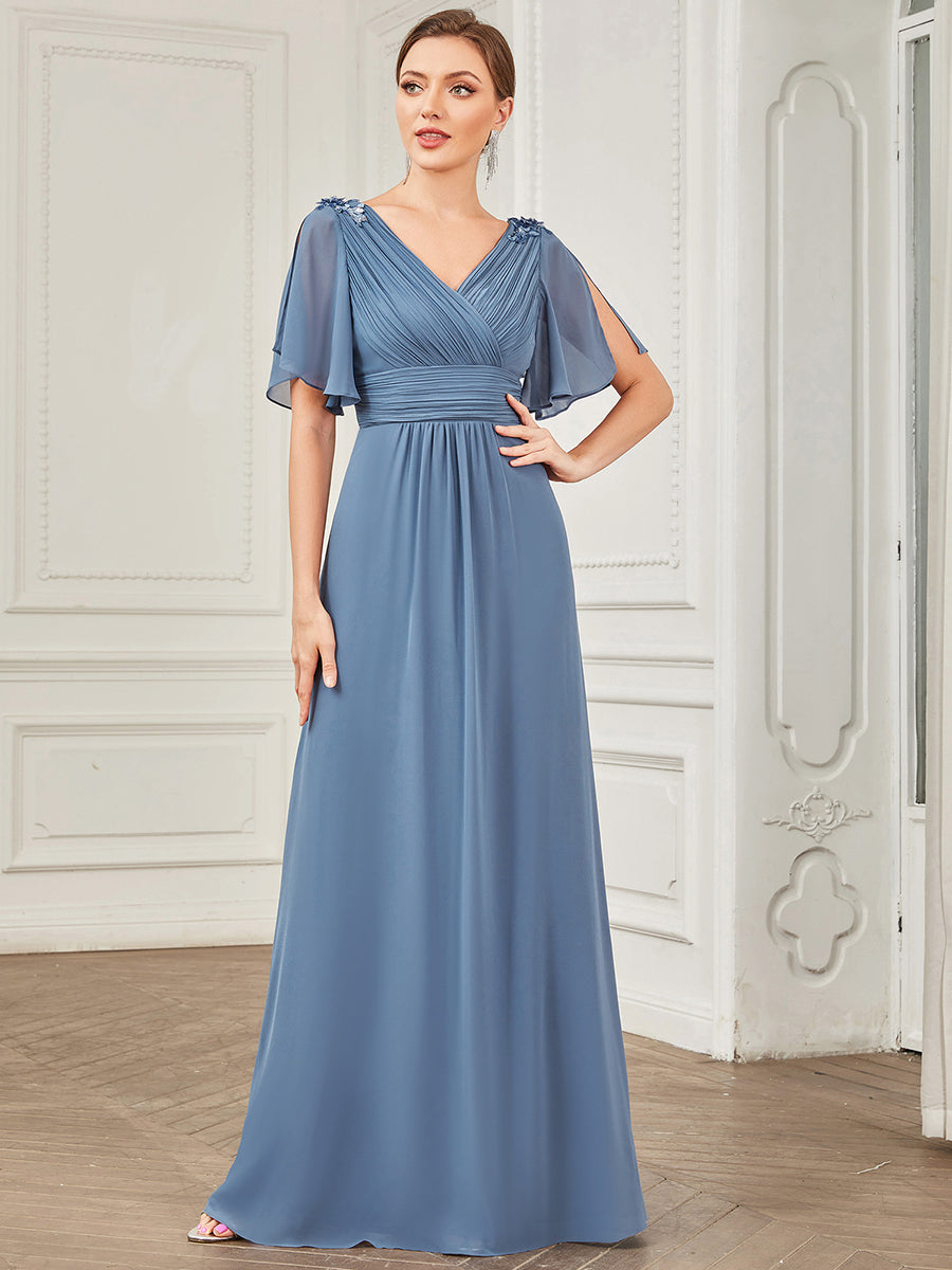 Short Ruffles Sleeves Deep V Neck A Line Wholesale Evening Dresses