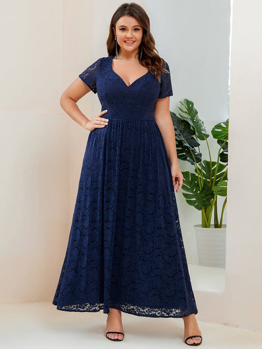 Color=Navy Blue | Sexy Short Sleeves Deep V Neck A Line Wholesale Evening Dresses-Navy Blue 1