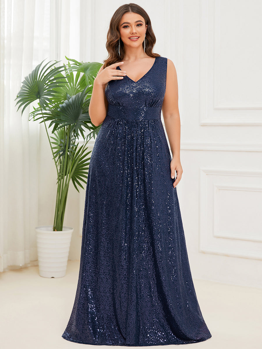 Color=Navy Blue | Shiny A Line Sleeveless Wholesale Evening Dresses with Deep V Neck-Navy Blue 1