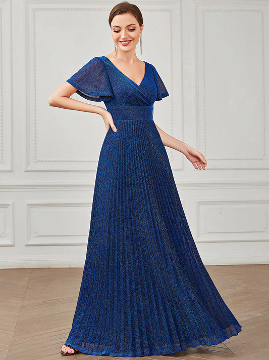 Color=Sapphire Blue | Shiny Deep V Neck Cover Sleeves A Line Wholesale Evening Dresses-Sapphire Blue 1