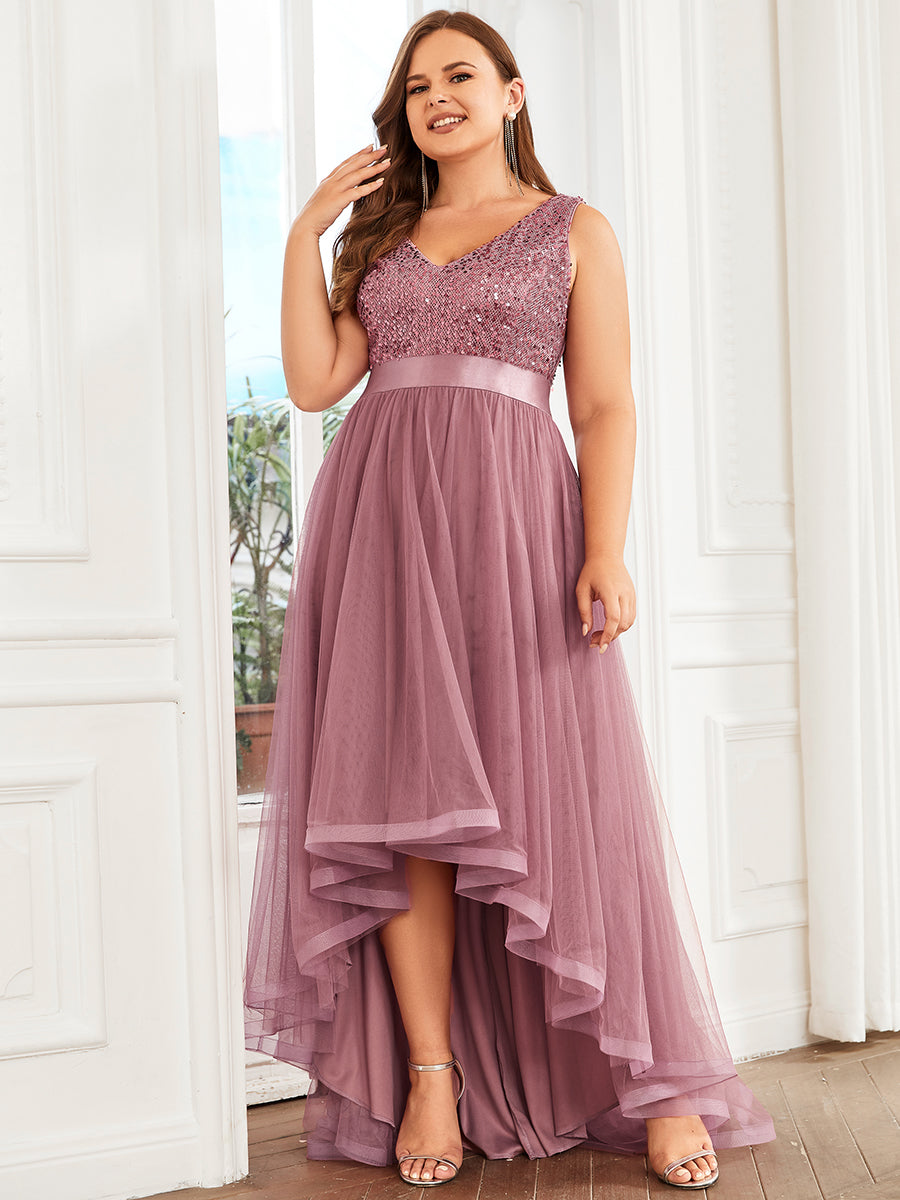 Color=Orchid | Sparkling Wholesale Evening Dresses with Asymmetrical Hem Deep V Neck-Orchid 1