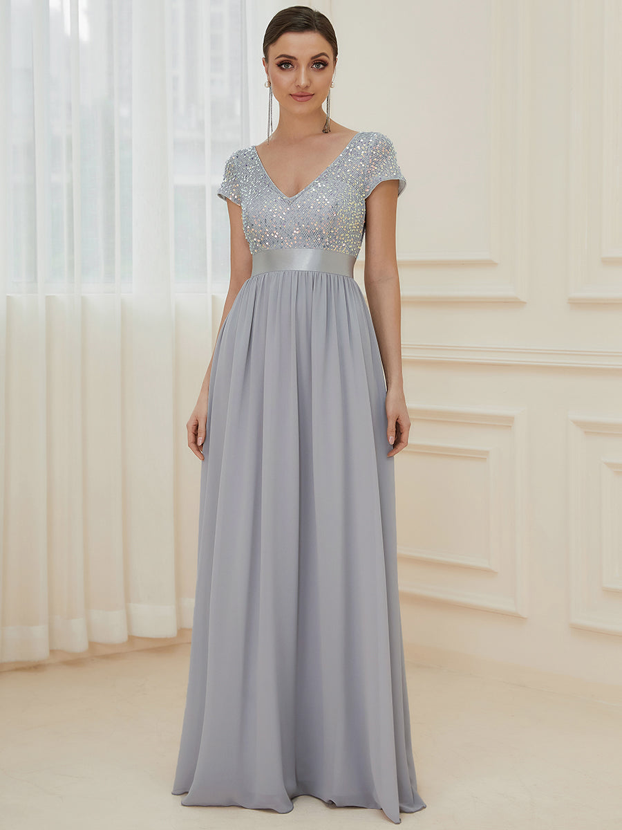 Color=Silver | Deep V Neck Pencil Wholesale Evening Dresses with Short Sleeves-Silver 1