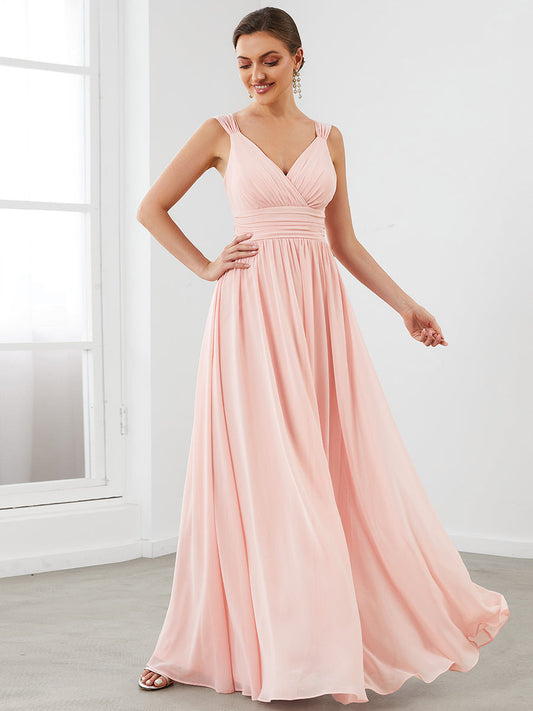 Color=Pink | Wholesale Bridesmaid Dresses with Deep V Neck and Pleated Decoration-Pink 1