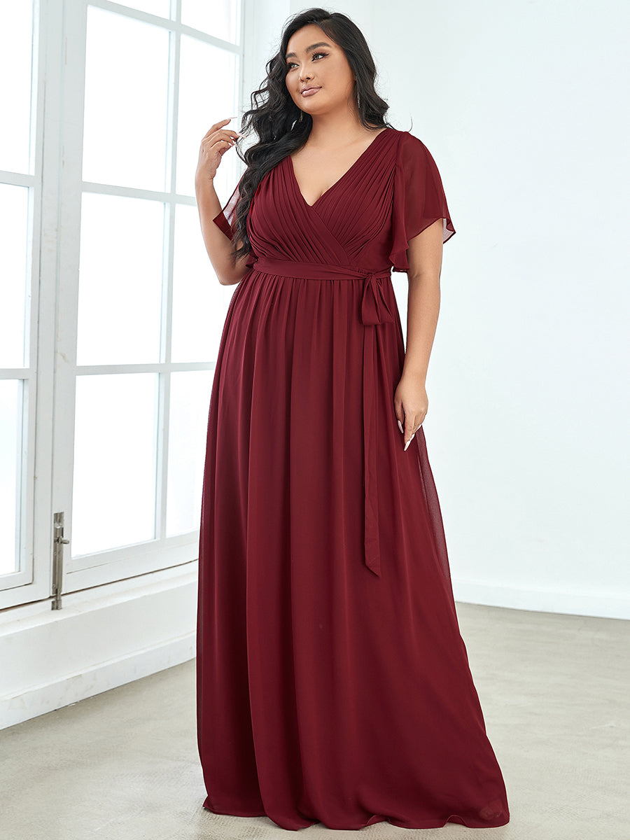 A Line Plus Size Wholesale Bridesmaid Dresses with Deep V Neck Ruffles Sleeves