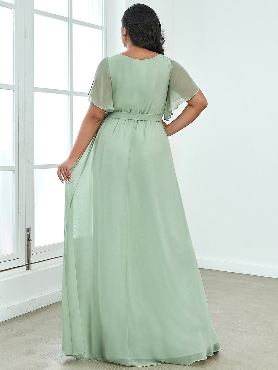 A Line Plus Size Wholesale Bridesmaid Dresses with Deep V Neck Ruffles Sleeves