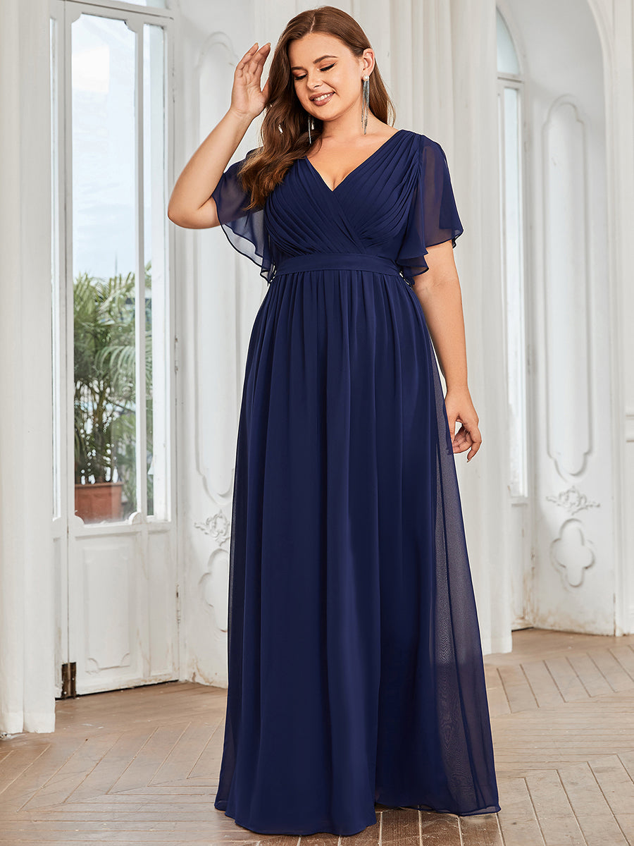 A Line Plus Size Wholesale Bridesmaid Dresses with Deep V Neck Ruffles Sleeves