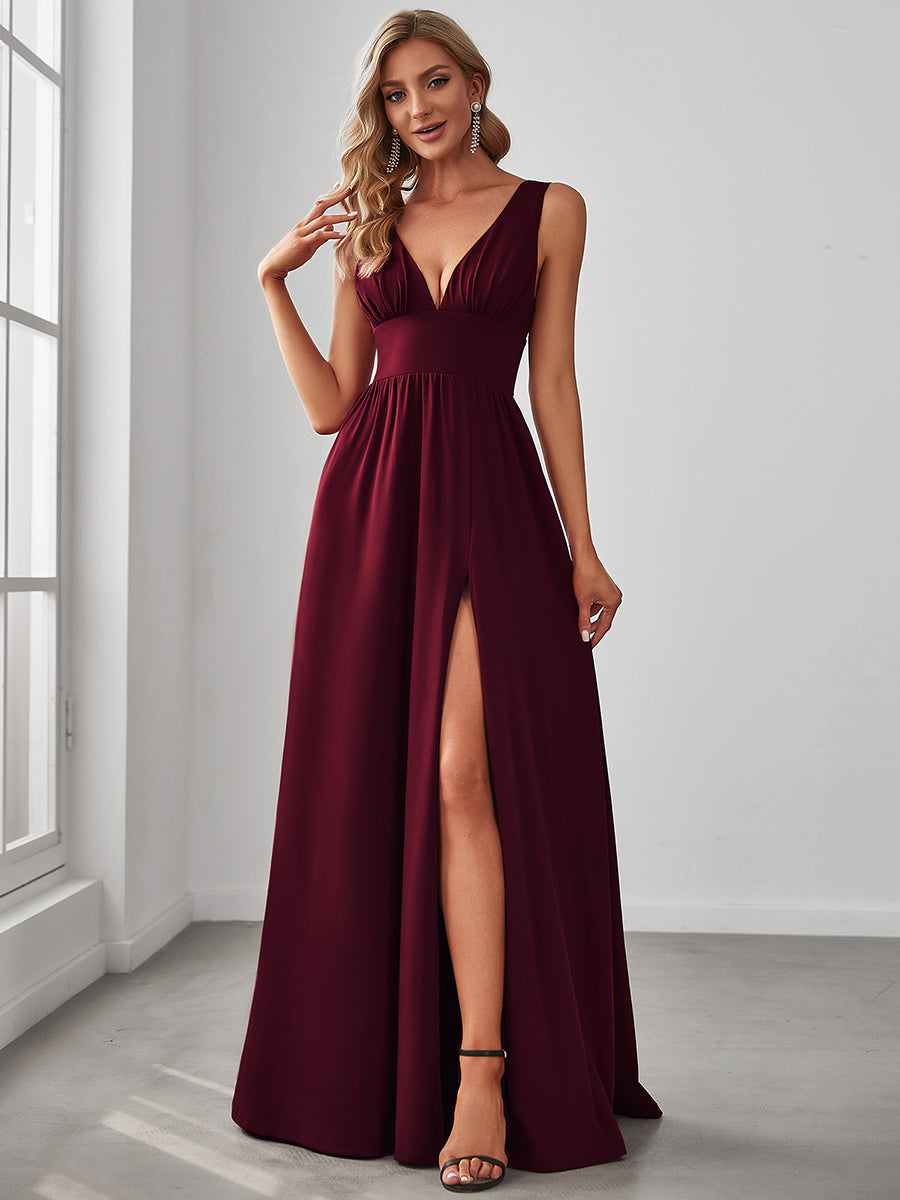 Color=Burgundy | Sleeveless Wholesale Bridesmaid Dresses with Deep V Neck and A Line-Burgundy 1