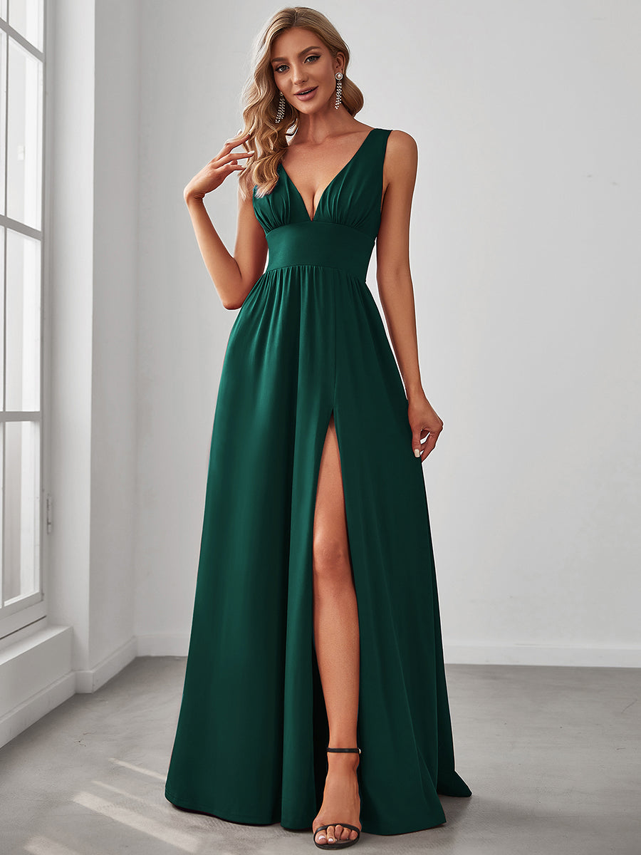 Color=Dark Green | Sleeveless Wholesale Bridesmaid Dresses with Deep V Neck and A Line-Dark Green 1