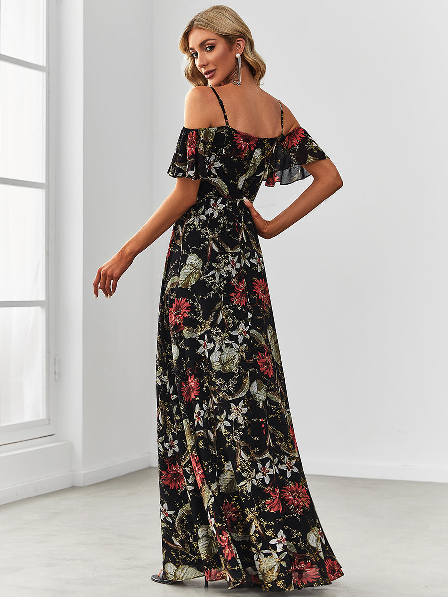 Floral Print Off Shoulder Ruffles Sleeves Wholesale Evening Dresses