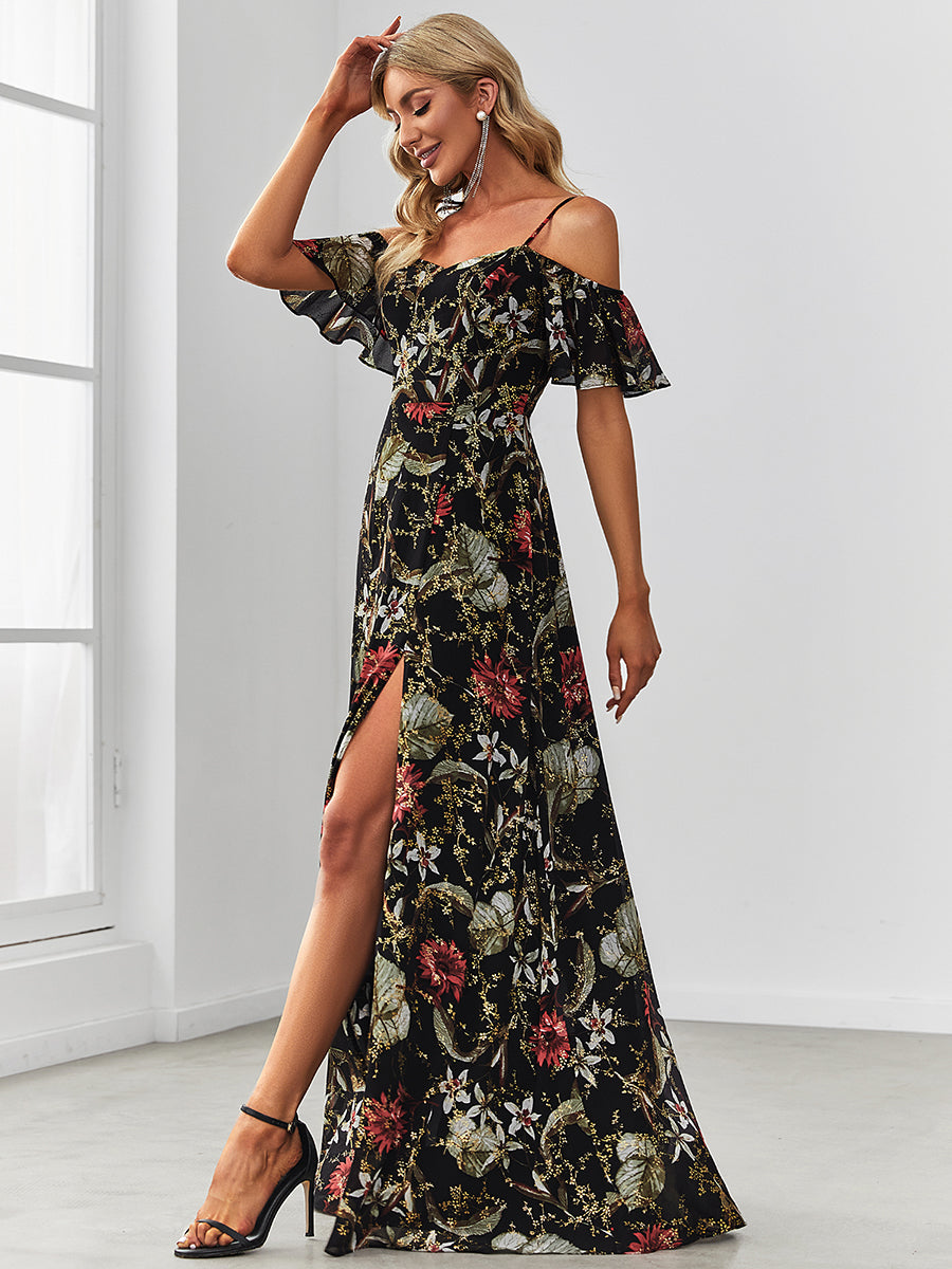 Floral Print Off Shoulder Ruffles Sleeves Wholesale Evening Dresses
