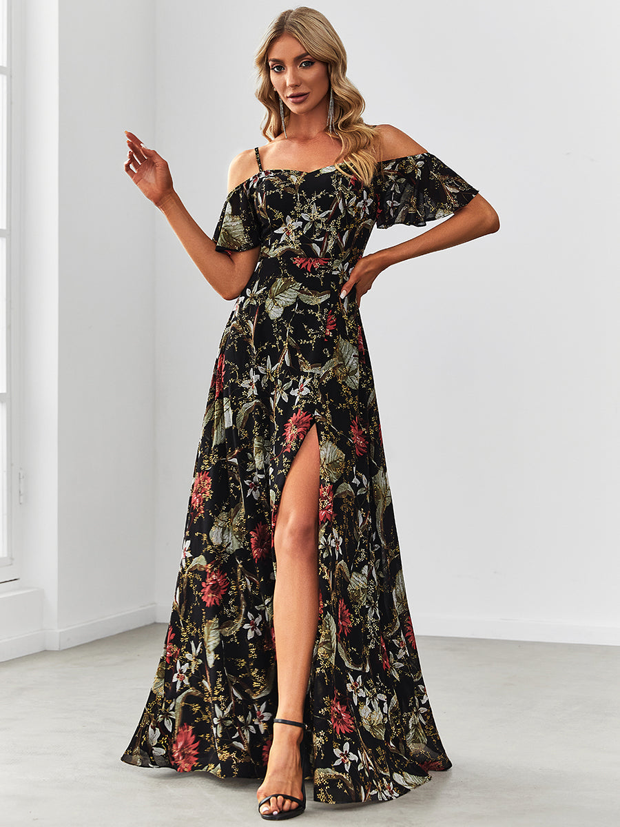 Floral Print Off Shoulder Ruffles Sleeves Wholesale Evening Dresses