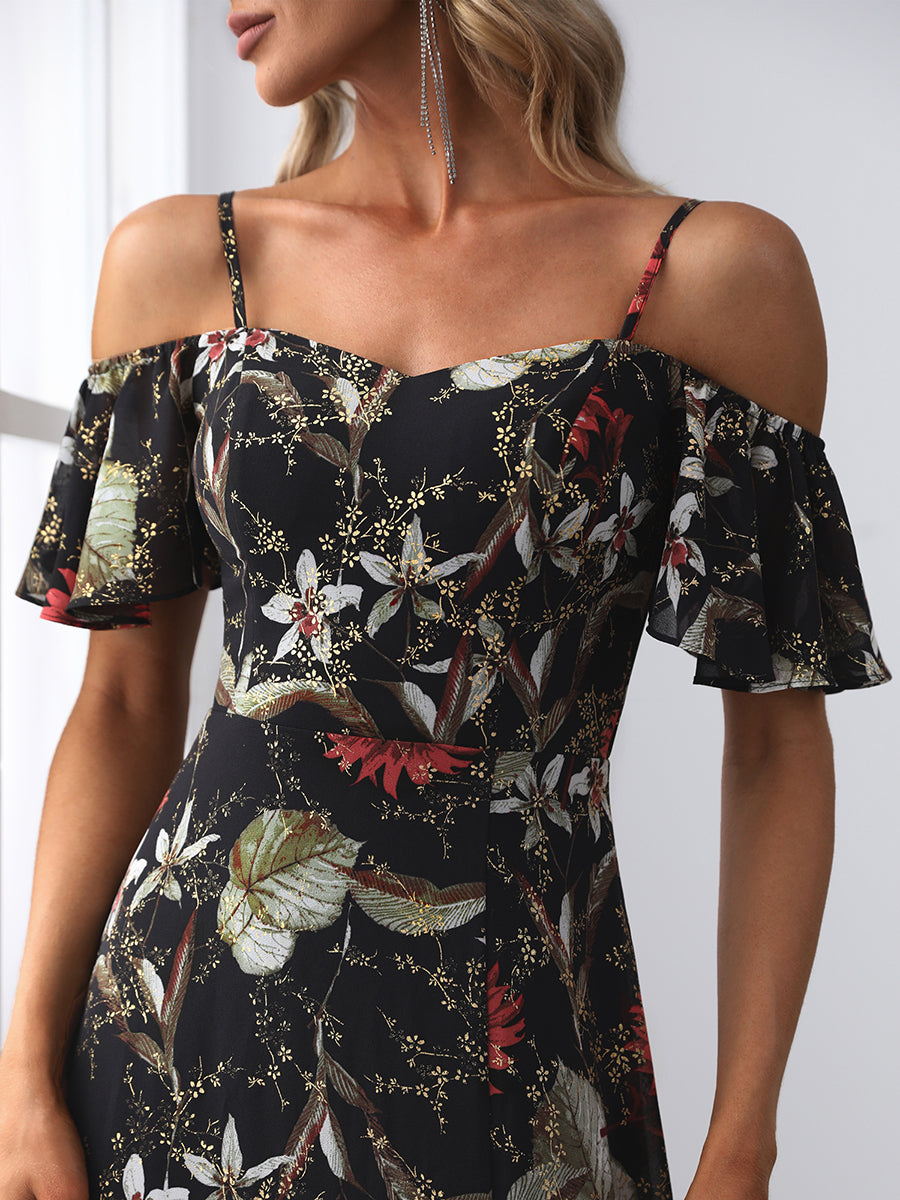 Floral Print Off Shoulder Ruffles Sleeves Wholesale Evening Dresses