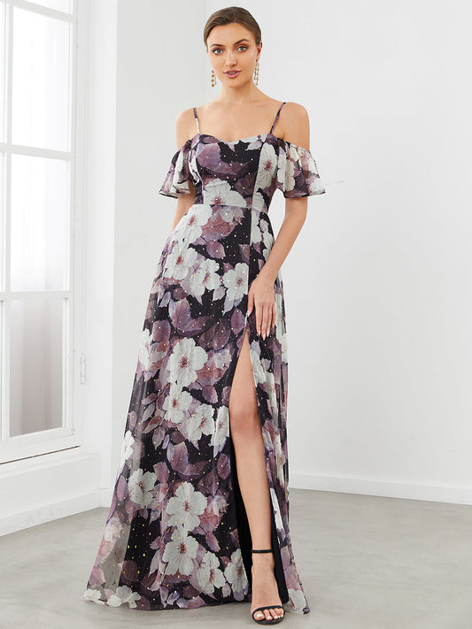 Color=Black and printed | Short Ruffles Sleeves Wholesale Evening Dresses with Off Shoulders-Black and printed 1