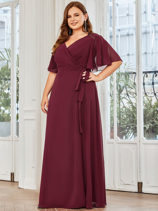 Color=Burgundy | Deep V Neck Ruffles Sleeves A Line Split Wholesale Evening Dresses-Burgundy 1