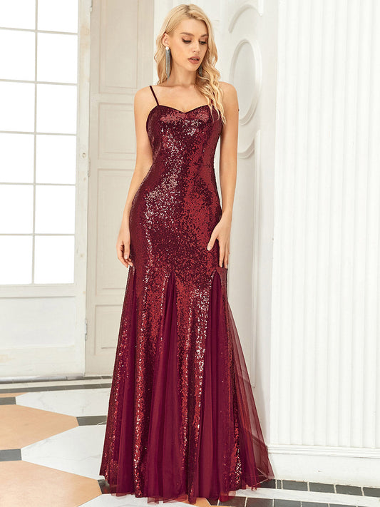 Color=Burgundy | Shiny Spaghetti Straps Fishtail Wholesale Evening Dresses-Burgundy 1