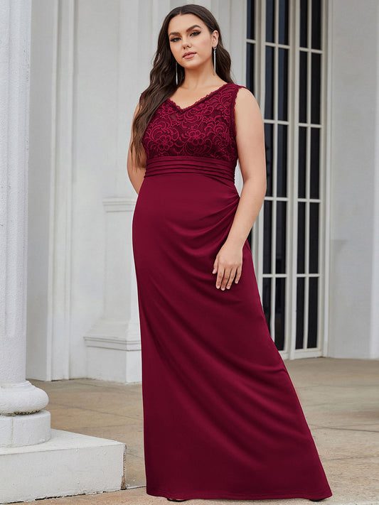 Color=Burgundy | Plus Size V Neck Sheath Silhouette Wholesale Evening Dresses-Burgundy 1