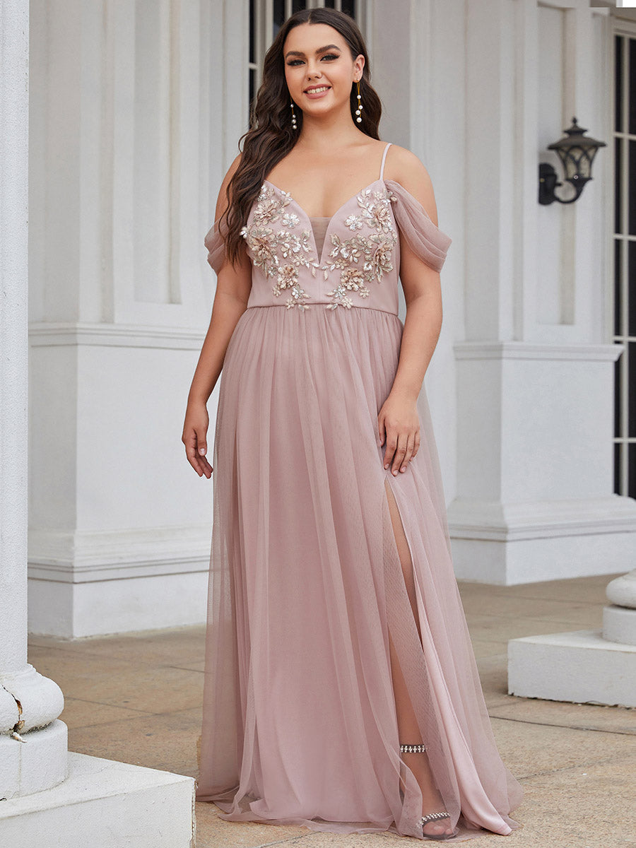 Color=Pink | Glamorous Plus Size Deep V Neck Wholesale Evening Dresses with Split-Pink 1