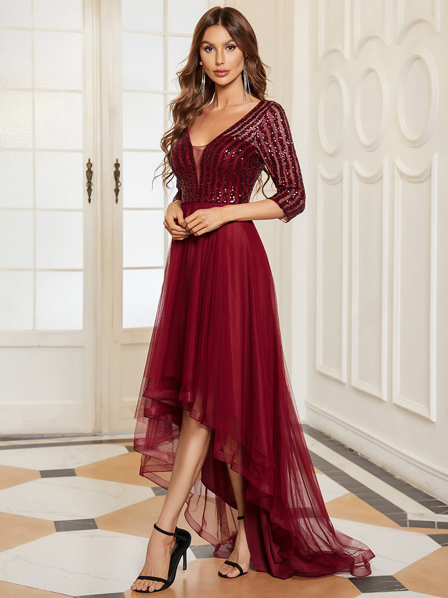 Sparkly Deep V Neck Asymmetrical Hem Wholesale Evening Dresses