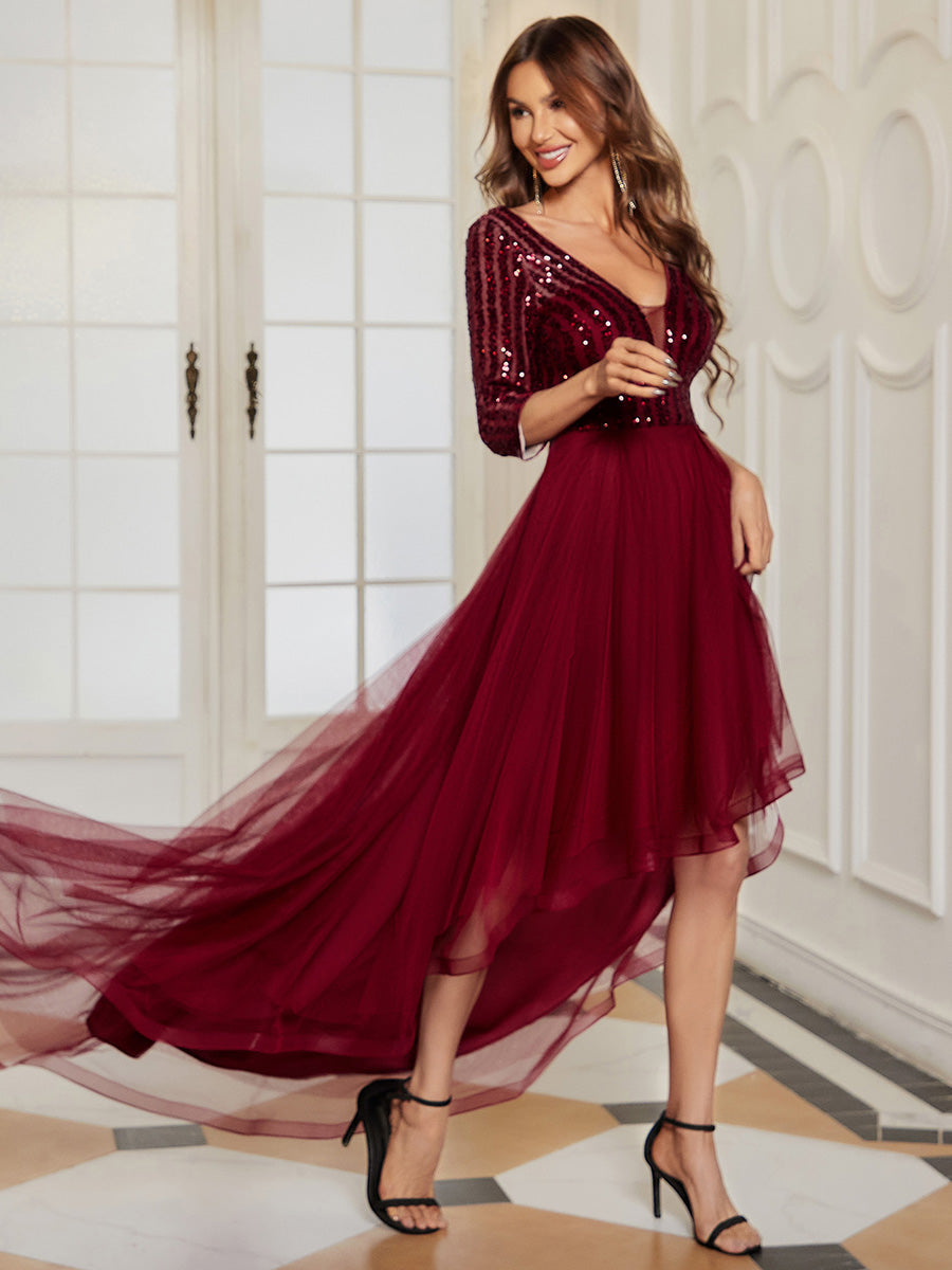 Sparkly Deep V Neck Asymmetrical Hem Wholesale Evening Dresses