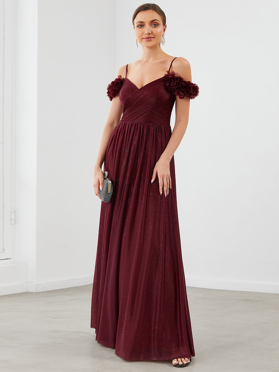 Color=Burgundy | Off Shoulders A Line Spaghetti Strap Sparkly Wholesale Evening Dresses-Burgundy 1