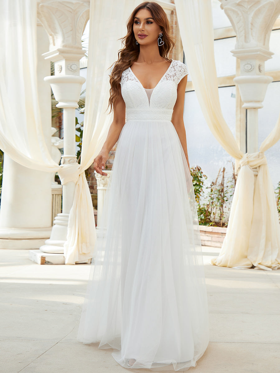 Lace V-Neck Wholesale A-line Tulle Wedding Dress With Cap Sleeves