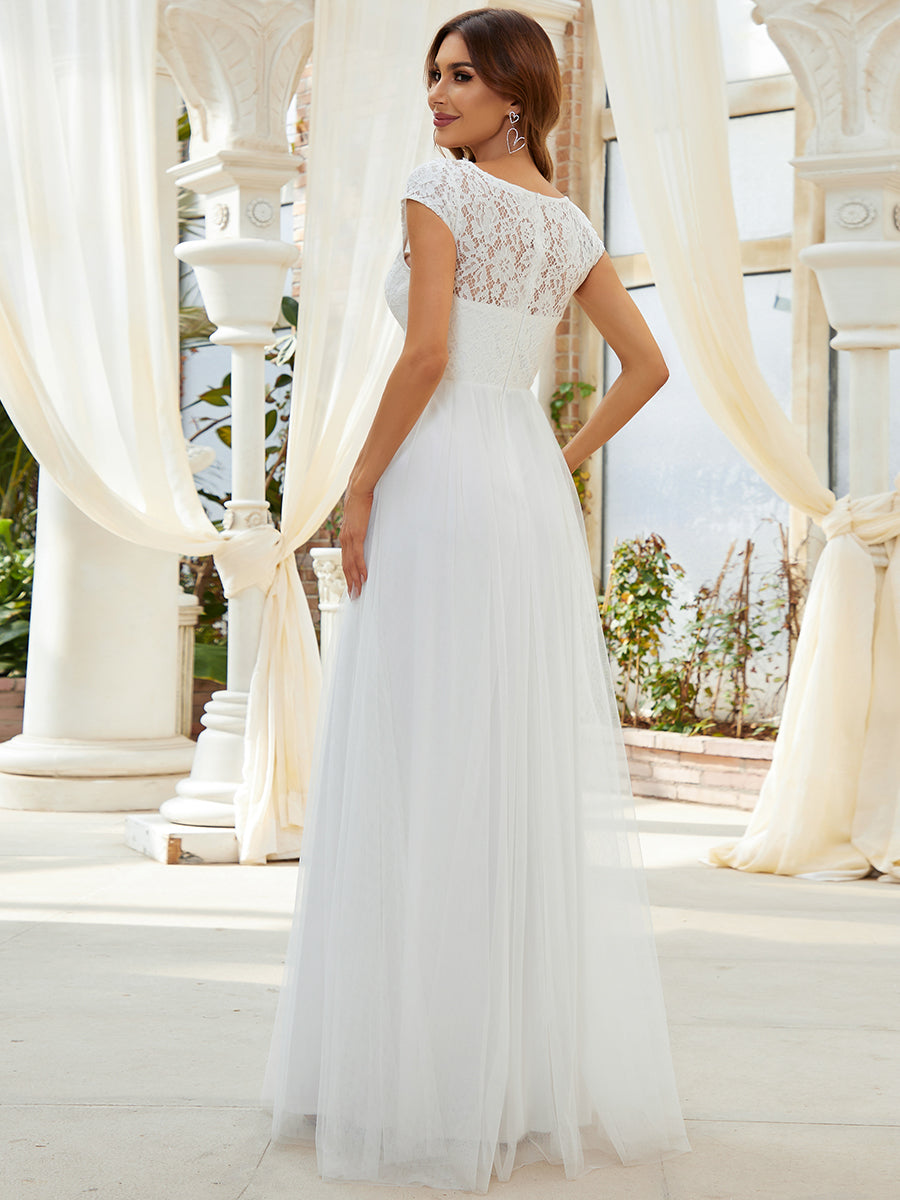 Lace V-Neck Wholesale A-line Tulle Wedding Dress With Cap Sleeves