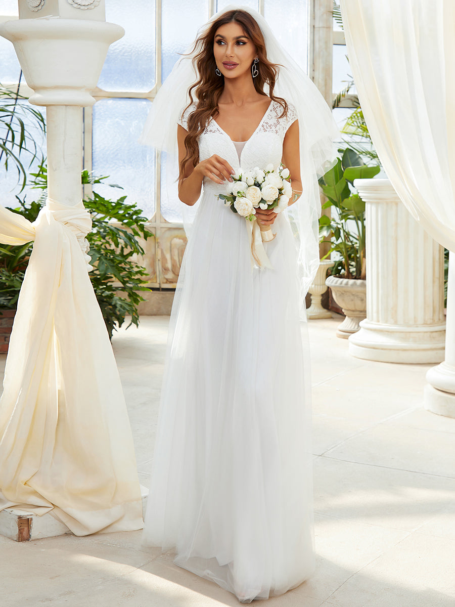 Lace V-Neck Wholesale A-line Tulle Wedding Dress With Cap Sleeves